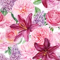 Floral background, seamless patterns of flowers of roses, lilies and lilacs, watercolor painted