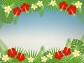 Floral background with space for text. Tropical flowers and leaves - hibiscus, palm tree, Monstera, plumeria.