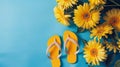 Floral background with summer slippers on a blue background. Selective focus.
