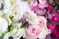 Beautiful rich elegant wedding bouquet, flowers arrangement by florist with white and pink roses Royalty Free Stock Photo