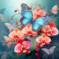 Floral background of tropical orchids and a blue butterfly