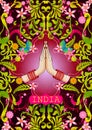 Floral background with Welcome gesture hands of Indian woman showing Incredible India