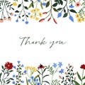 Floral background with wildflowers. Botanical spring summer flowers thank you card design