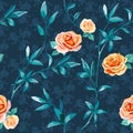 Floral background with yellow, orange roses flowers and twigs with leaves on dark blue Royalty Free Stock Photo