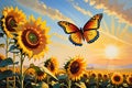 Floral Ballet: Sunflower Swaying Gently in a Soft Breeze, Colorful Butterfly Delicately Perching on a Vibrant Petal