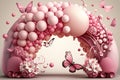 Floral Balloon Arch with Butterflies in Pink, Generative Ai