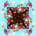 Floral bandanna template with bouquets of gardening flowers.