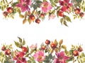 Watercolor hand painted wild rose floral banner isolated on white background. Royalty Free Stock Photo