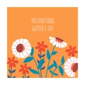 Floral banner. International woman day, square poster with blooming summer bouquet, cartoon drawing flowers, cute