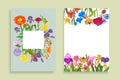 Floral banner set with flowers frame of roses, chamomiles, daisies, asters and blossoms, bellflowers cartoon vector Royalty Free Stock Photo