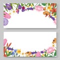 Floral banners set with garden and field flowers vector ilustration. Field or garden flowers, anemone, peony and iris