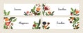 Floral banners set. Spring backgrounds designs with primitive fancy stylized plants, abstract naive garden. Horizontal