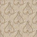 Floral Baroque 3d seamless pattern. Vector embossed beige background. Repeat emboss flowers backdrop. Surface relief ornament in