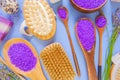 Floral bath salt with lavender extract and body care brushes . View from above.body cosmetic with lavender extract Royalty Free Stock Photo