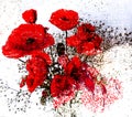 Floral bckground with stylized bouquet of red poppies on grunge striped,stained backdrop