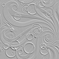 Floral beautiful 3d seamless pattern. White embossed vector background. Relief emboss flowers, swirls, circles. Repeat floral