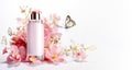 Floral Beauty Product Setup with Butterfly. Cosmetic care bottle and flowers. Beauty Product Presentation or Advertising