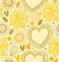 Floral beauty seamless pattern. Digital yellow backdrop with hearts and flowers