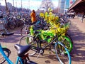 Floral bicycle on the Dutch canals among many other bicycles in a parking lot Royalty Free Stock Photo