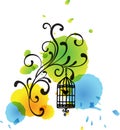 Floral bird cage watercolor spots background