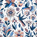 floral and birds abstract design on white background, AI generated image
