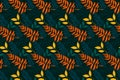 Floral black background with blue, green, orange and yelllow leaves. Leaves pattern