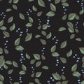 Floral black pattern with leaves and berries. Ornamental herb leaf branch seamless background. Royalty Free Stock Photo