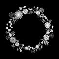 Floral black white daisy embroidery round arrangement. Vintage Victorian flower ornament fashion textile decoration. Stitch textur