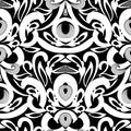 Floral black and white damask seamless pattern. Vector background with hand drawn doodle vintage flowers, swirl leaves, baroque s Royalty Free Stock Photo