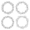 Floral black and white Frame Collection in line style. Set of cute retro leaf arranged un a shape of the wreath