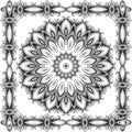 Floral black and white lines mandala and frame seamless pattern. Ornamental flowery vector background. Flourish line art round