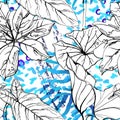 Floral Black and White Pattern. Blue Artistic Royalty Free Stock Photo