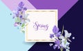 Floral Bloom Spring Banner with Purple Iris Flowers. Invitation, Poster, Greeting Card Flyer Template