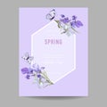 Floral Bloom Spring Frame with Purple Iris Flowers. Invitation, Poster, Greeting Card Flyer Template