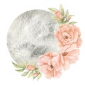 Floral blooming moon. Watercolor hand drawn illustration of Full Luna and rose Flowers for icon or logo. Celestial