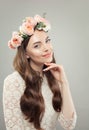 Floral blossom portrait of beautiful young woman. Clear skin, long curly hair and flowers. Skincare and facial treatment concept Royalty Free Stock Photo