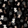 Floral blossom seamless pattern. Hand drawn flowers on branches sketch drawing on grey polka dotted background