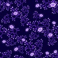 Floral blossom seamless pattern. Trendy colorful vector texture. Blooming botanical elements. Hand drawn small flowers on purple Royalty Free Stock Photo
