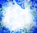 Floral, blue, bokeh background. Abstract flora and butterflies. Illustration