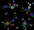 Floral blue violet daisy embroidery seamless pattern. Vintage Victorian flower ornament fashion textile decoration