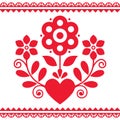 Polish folk art vector round frame design with flowers and heart inspired by traditional highlanders embroidery Lachy Sadeckie