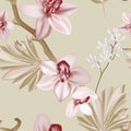 Floral boho style orchid soft green pink background. Tropical exotic paradise realistic pattern. Summer bloom leaves and flowers Royalty Free Stock Photo