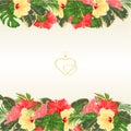 Floral border with blooming various hibiscus and tropical leaves vector Illustration flower background with place for your text Royalty Free Stock Photo