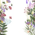 Floral border, card template of watercolor wildflowers and meadow plants Royalty Free Stock Photo