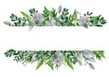 Floral border. Elegant watercolor frame made of eucaliptus, hedera, buxus and monstera leaves. Hand drawn elegant border, ready to