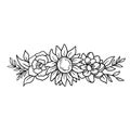 Floral border with flowers and leaves in outline style. Vector sunflower and peonies. Elegant bouquet hand drawn line