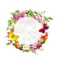 Floral border frame. Butterflies, flowers, wild herbs. Watercolor wreath Royalty Free Stock Photo