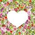 Floral border - heart shape. Summer flowers, meadow herbs, wild grass. Watercolor for Valentine day Royalty Free Stock Photo