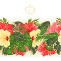 Floral border seamless background with blooming hibiscus and tropical leaves vector Illustration for use in interior design, artw Royalty Free Stock Photo