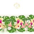 Floral border seamless background bouquet with tropical flowers floral arrangement, with beautiful yellow orchid, palm,philodendr Royalty Free Stock Photo